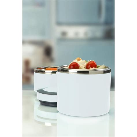 2 tier round stainless steel insulated lunch box in white|white stainless steel lunch box.